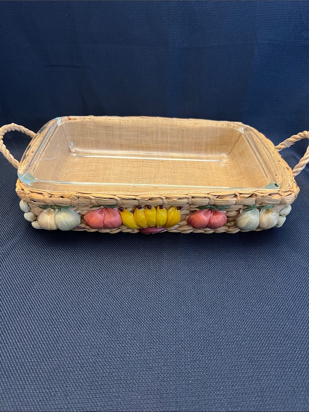 Vintage Pyrex Clear Glass Dish in Woven Tray with Yellow Pink Blue Cream Accents